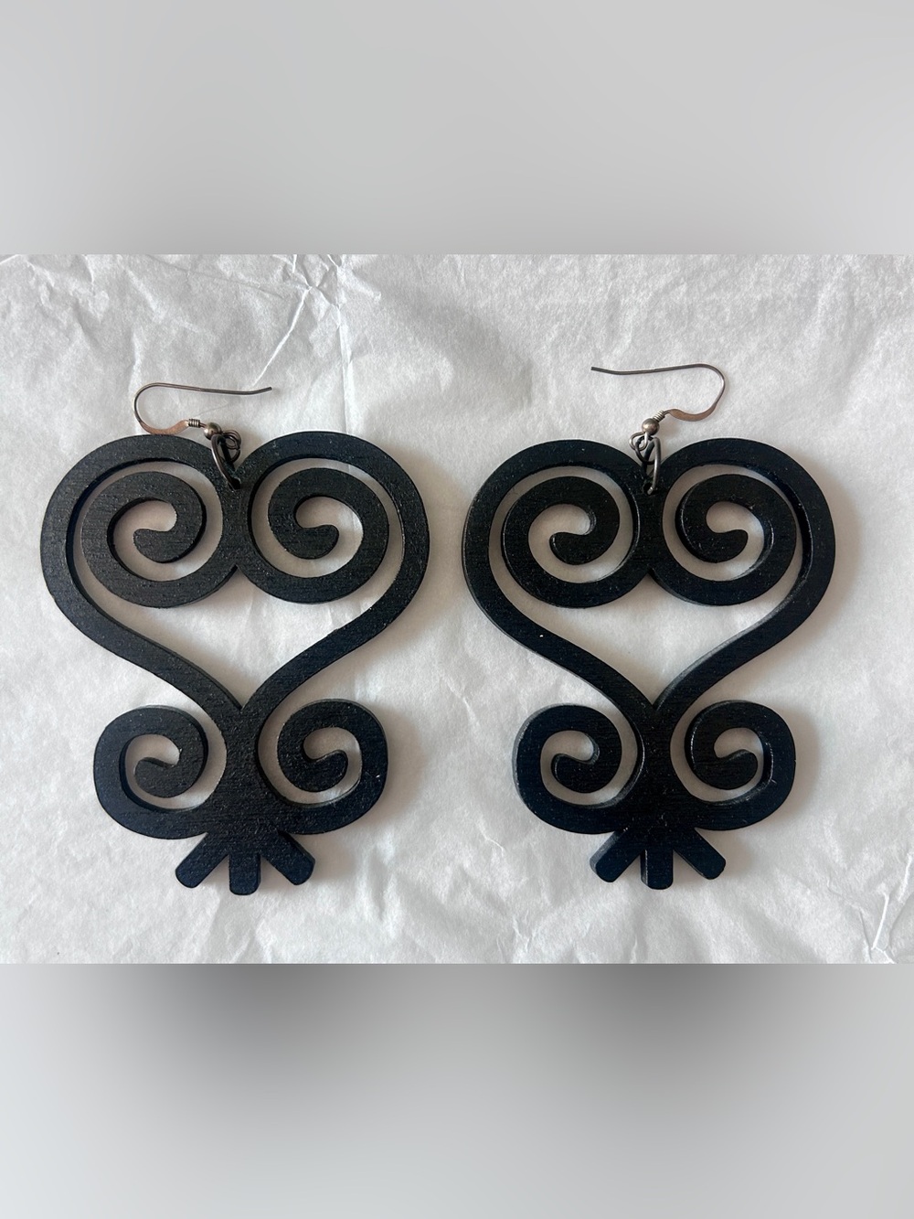 Black Sankofa Heart Wood Drop Earrings Adinkra Symbol Jewelry